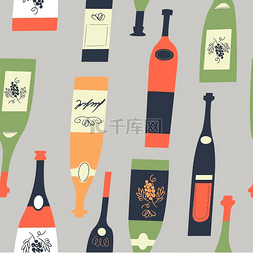博若莱红葡萄酒图片_葡萄酒不同酒瓶的无缝模式。
