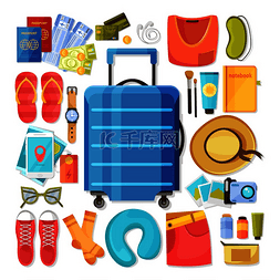 旅行人图标图片_手提箱和内容平面图标组成的孤立