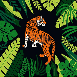 矢量图大森林图片_手绘老虎与异国情调的热带树叶，