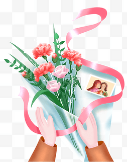 送礼物照片图片_母亲节子女送康乃馨玫瑰花丝带