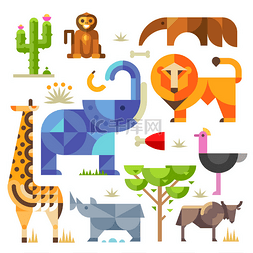 手绘卡通草原图片_几何平面非洲动物和植物