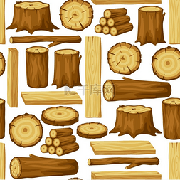 原木、树干和木板的无缝图案。