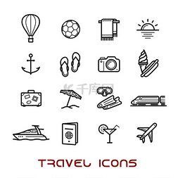 海滩休闲图片_旅行和休闲细线图标，包括飞机和