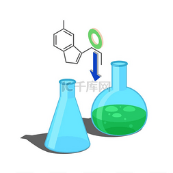 空烧瓶和绿色化学物质在白色背景