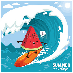 大暑海报设计图片_与矢量西瓜冲浪者的老式冲浪海报