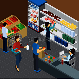 杂货店等距构图与访客收银员和货