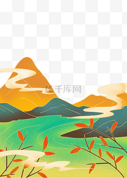 中式山水景观图片_国潮秋天山水景观中国风景色