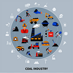 平面设计煤炭开采行业矿工工具和机械概念灰色背景矢量图。