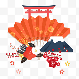 日本旅游扇子图片_红色鸟居扇形富士山