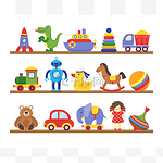 货架上的玩具。卡通玩具婴儿购物木架。恐龙机器人汽车玩偶被隔绝的向量