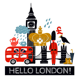 伦敦城市图片_带有皇冠、英镑符号、双层巴士、