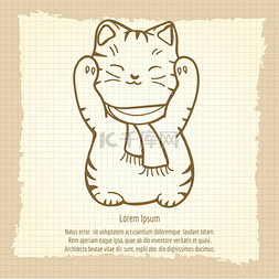 招财猫插图图片_日本招财猫复古图案。