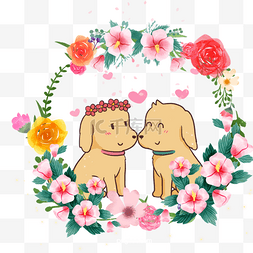 动物一对图片_可爱动物情侣狗与栀子花花卉花环