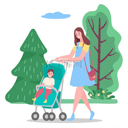 婴儿学步车图片_穿着休闲服的快乐女人带着孩子在