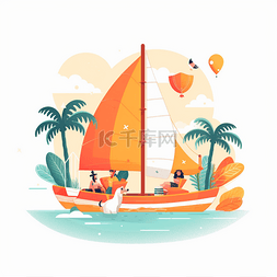 夏季海滩手绘图片_夏季海边坐帆船元素