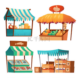 卡通蔬菜商店图片_食品市场的柜台和板条箱里摆着蔬