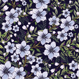 紫色花和芽装饰在蓝色背景。无缝