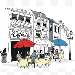 手绘老夫妇图片_在法国咖啡馆用餐向量插图.
