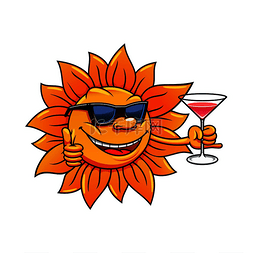 卡通喝鸡尾酒图片_戴着太阳镜的快乐灿烂的太阳卡通