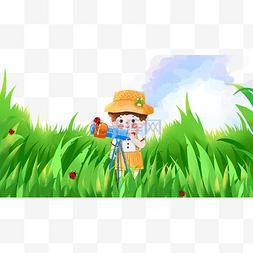 望远镜观星插画图片_夏至草丛中的男孩望眼镜