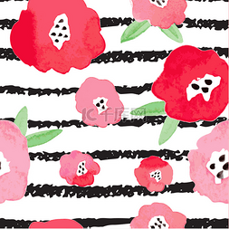 粉红色创意花图片_无缝背景与红色的花朵和条带.