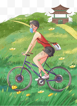 小清新春天草地戴口罩骑自行车男