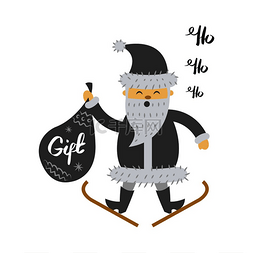 漫画风格插图图片_滑雪场上的圣诞老人拿着礼品袋在