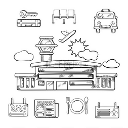 飞机和机票图片_机场和航班服务草图设计，包括机