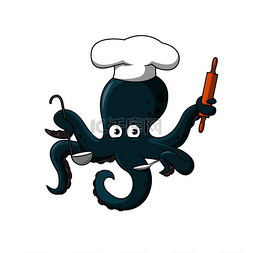 可爱的卡通蓝章鱼厨师，戴着白色