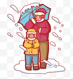 冬天寒潮降温妈妈孩子撑伞雪中