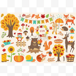 秋天集合, 手画元素与森林动物熊,