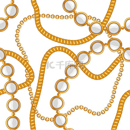 黄色交织图片_与金链和珍珠的无缝模式。