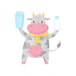 有趣纸盒图片_可爱的斑点牛与奶瓶和牛奶纸盒, 