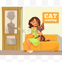 卡通医院室内图片_女老板与猫性格坐，等湿的医生。