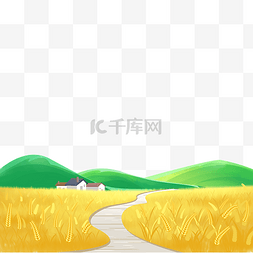 水水风景画图片_麦田小道远山房子风景