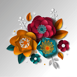 创意彩色花瓣图片_逼真的纸花组合与彩色花朵和叶子