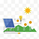 太阳能电池板硬币灯泡环保绿色能源概念插画
