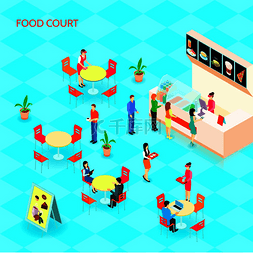 餐厅内部图矢量图片_彩色快餐等距图标设置与购物中心