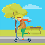 祖父矢量的城市生活方式，在城市公园平坦的道路上戴着红围巾和帽子骑滑板车的男人，爷爷的城镇风格，活跃的男性。