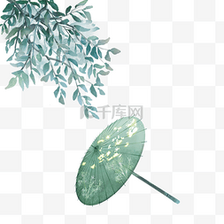 绿色雨伞插画图片_夏日小暑绿色水墨古风插画