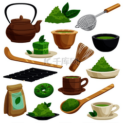 绿色抹茶粉图片_日本传统茶道图标集，包括绿色抹