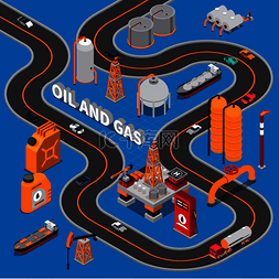 火上爆发图片_蓝色背景上的石油和天然气等距组