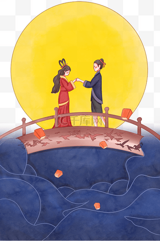 手绘水彩淡彩七夕牛郎织女鹊桥相会