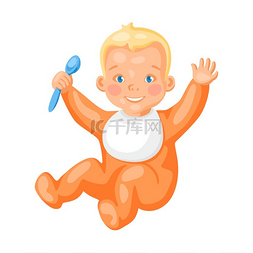 婴儿吃的食物图片_可爱的小宝宝用勺子的插图。