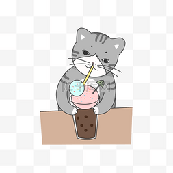 灰色猫咪喝冰激凌奶茶
