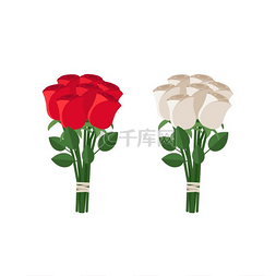 红色开花图片_扁平风格的白色和红色玫瑰花束。