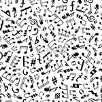 黑白无缝音乐符号和标记背景图案与音符、和弦和不同持续时间的休息、高音和低音谱号、平坦和尖锐的意外、尾声和强音符号。