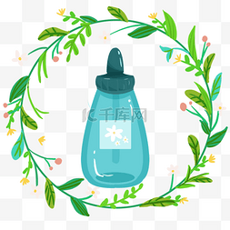滴管精油图片_蓝色植物花环精油瓶