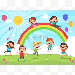 孩子们在彩虹下跳跃五颜六色的卡