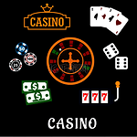 赌场平面图标，带有轮盘、骰子、扑克牌、赌博筹码、美元钞票、带有金冠的赌场标志牌和带有三七的老虎机。